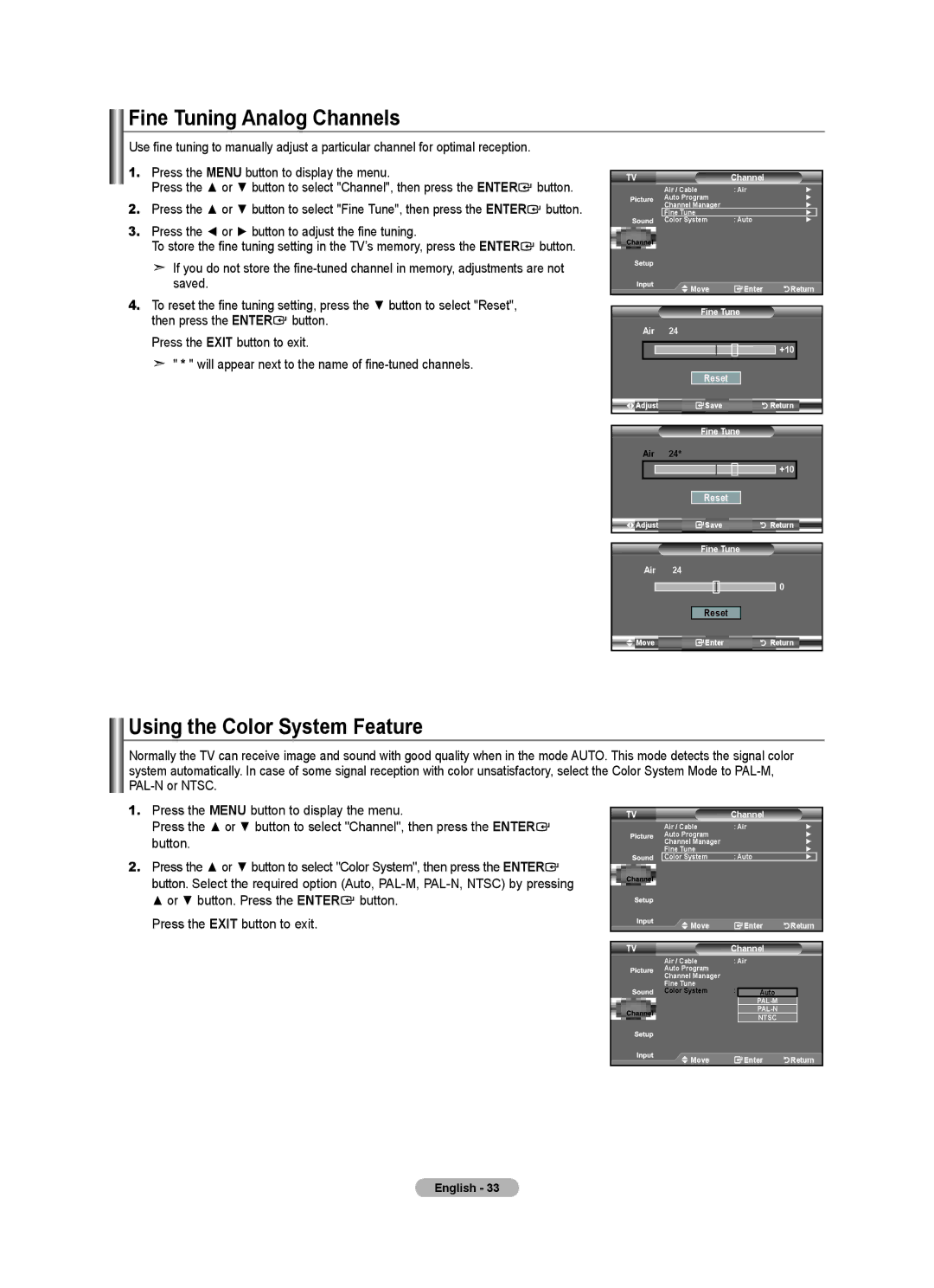 Samsung Series L4, LNA0C, LN22A450C1 user manual Fine Tuning Analog Channels, Using the Color System Feature 