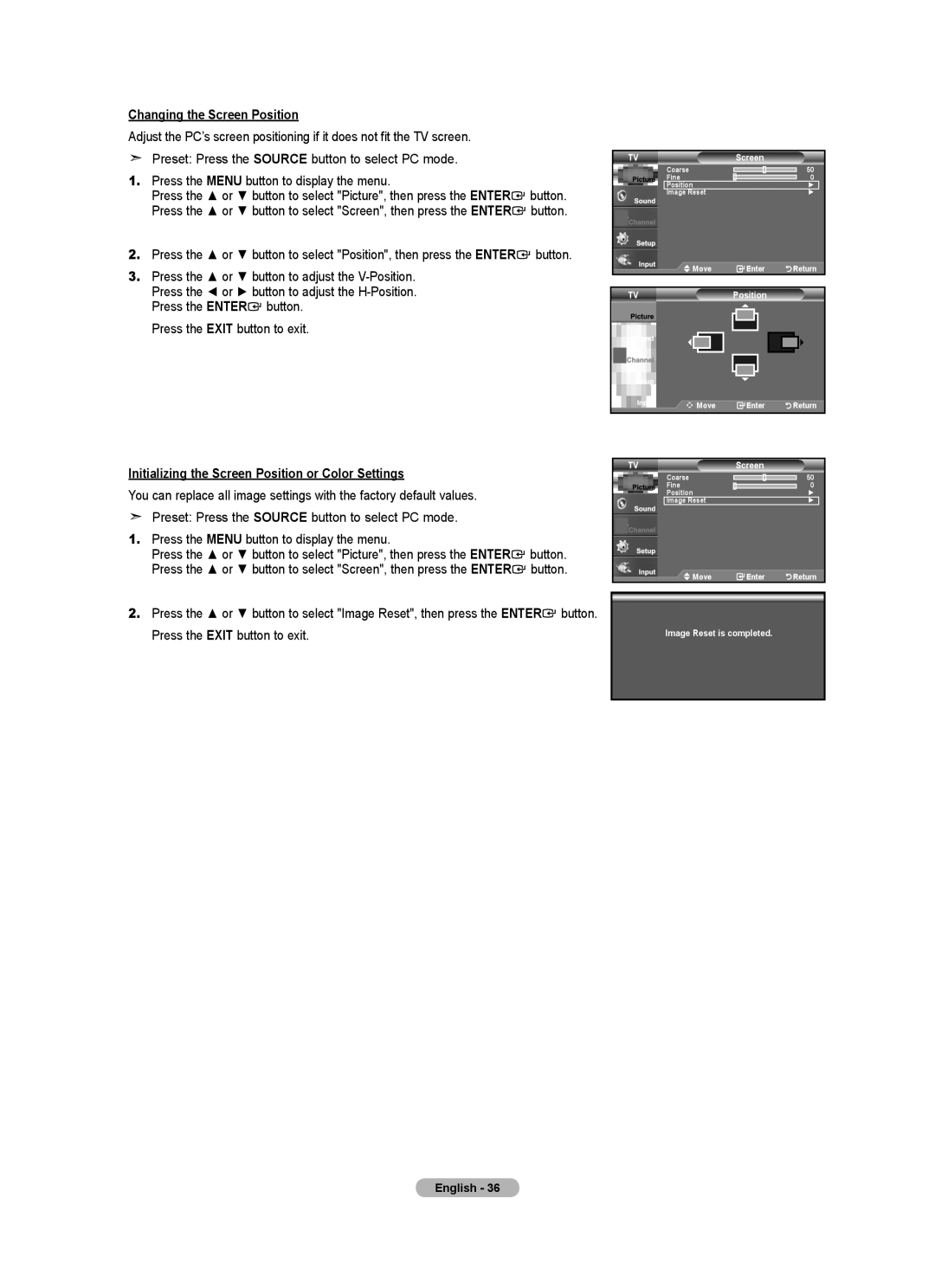 Samsung Series L4, LNA0C Changing the Screen Position, Initializing the Screen Position or Color Settings, TVPosition 