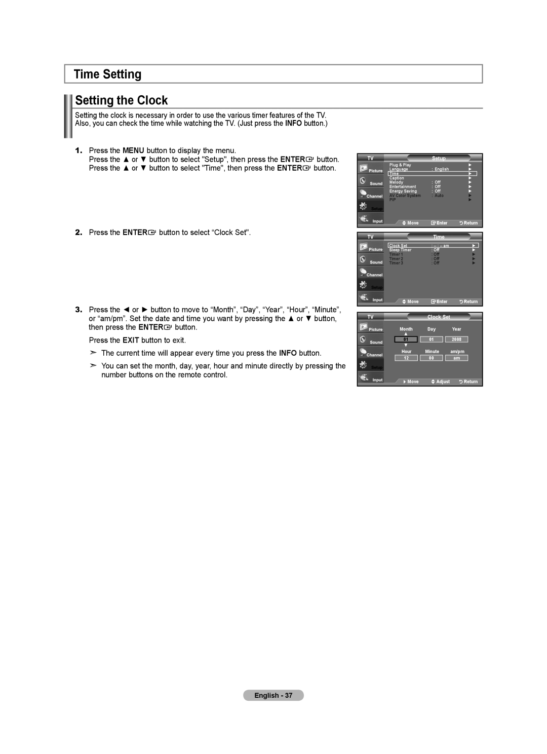 Samsung LNA0C, LN22A450C1, Series L4 user manual Time Setting Setting the Clock 