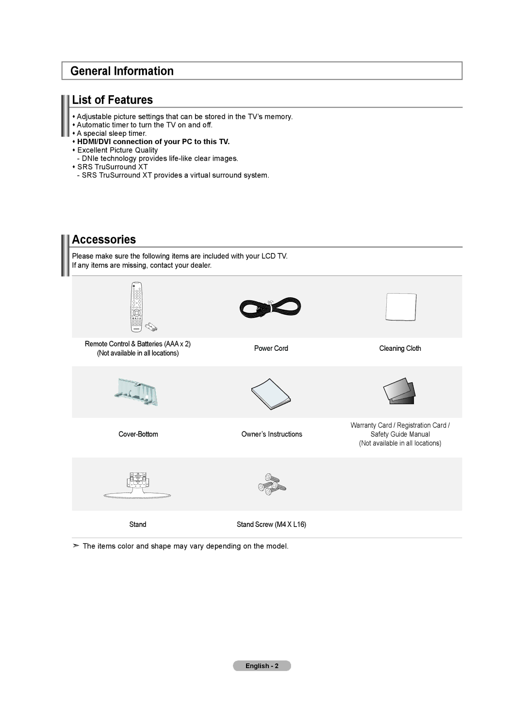 Samsung LN22A450C1, LNA0C General Information List of Features, Accessories,  HDMI/DVI connection of your PC to this TV 