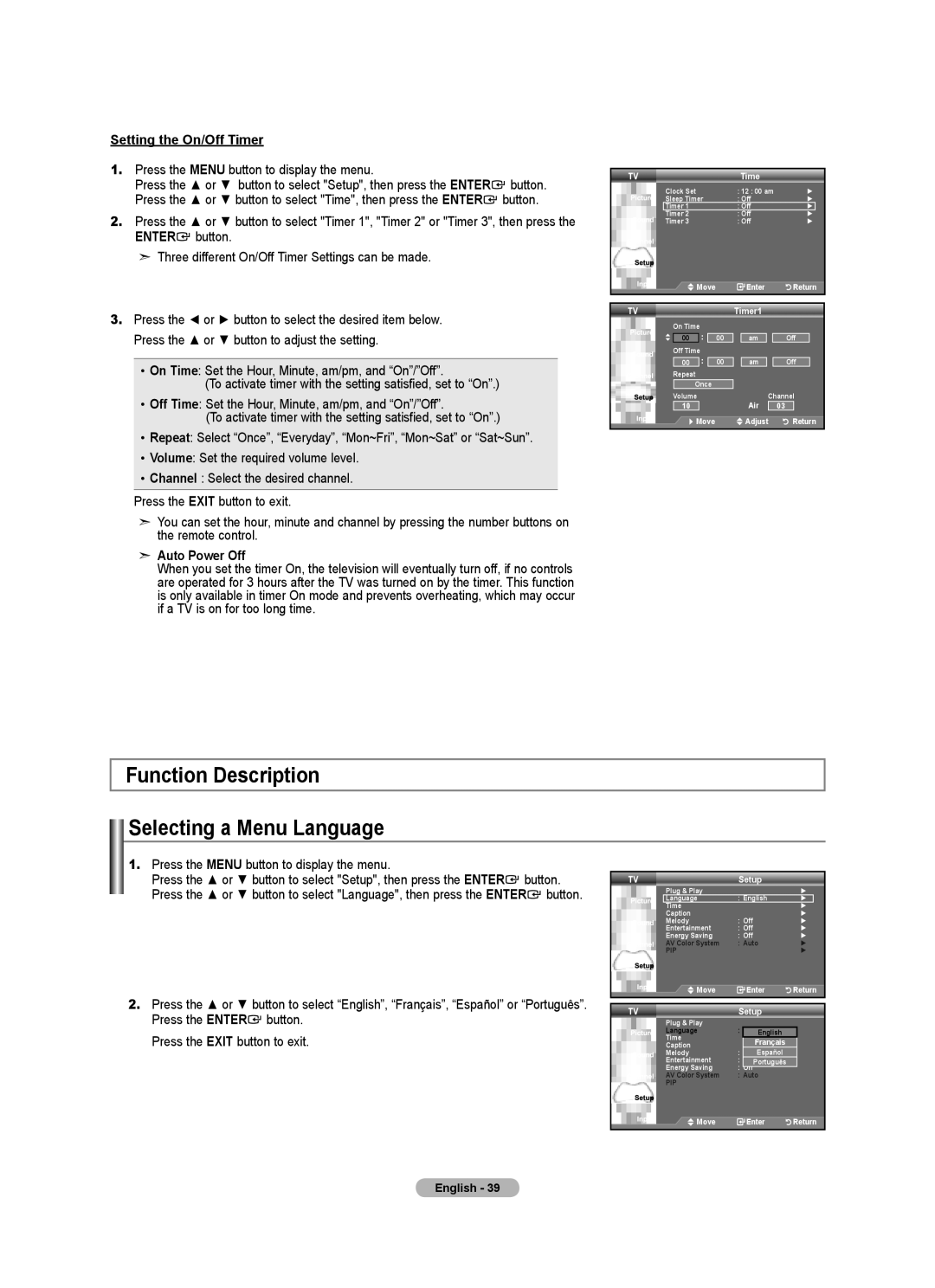 Samsung Series L4, LNA0C Function Description Selecting a Menu Language, Setting the On/Off Timer, Auto Power Off, Timer1 