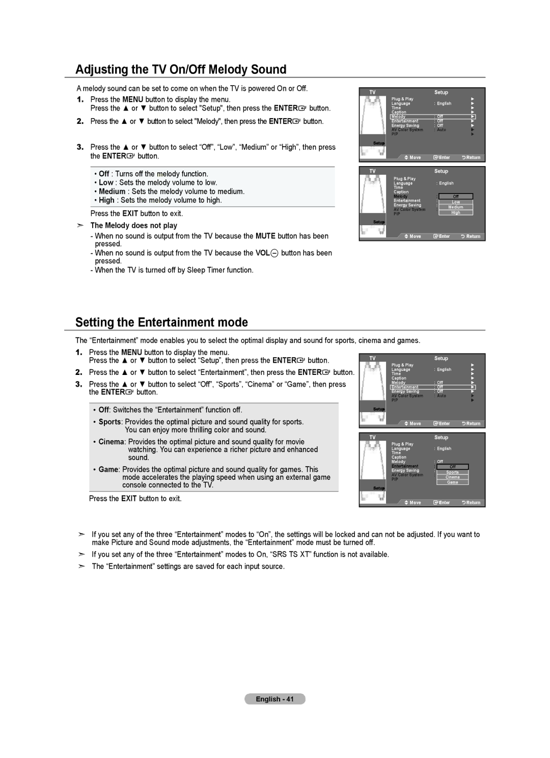 Samsung LN22A450C1, LNA0C Adjusting the TV On/Off Melody Sound, Setting the Entertainment mode, Melody does not play 