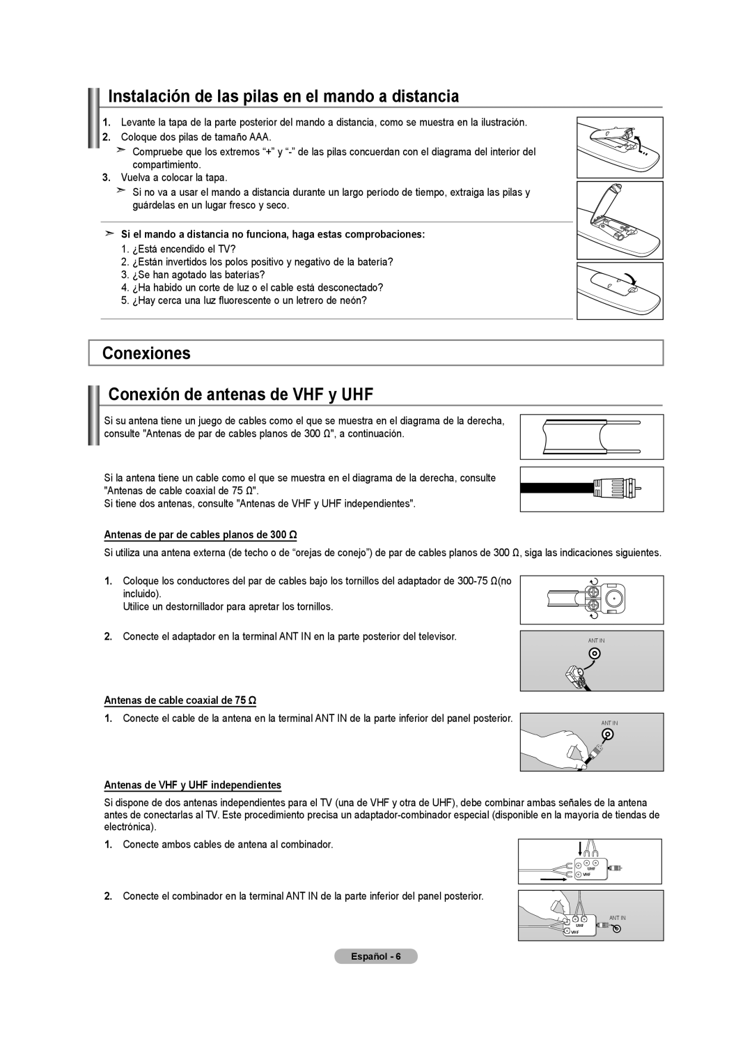 Samsung LN22A450C1, LNA0C Instalación de las pilas en el mando a distancia, Conexiones Conexión de antenas de VHF y UHF 