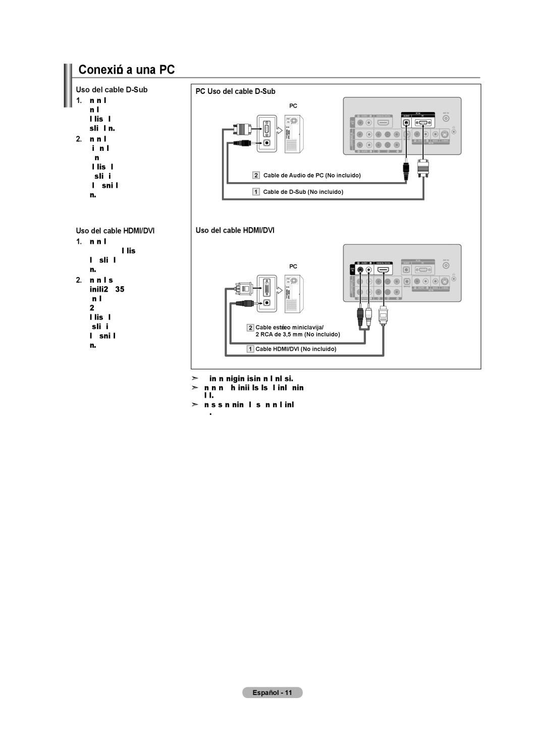 Samsung LNA0C Conexión a una PC, Uso del cable D-Sub, Uso del cable HDMI/DVI, La tarjeta de sonido del ordenador 