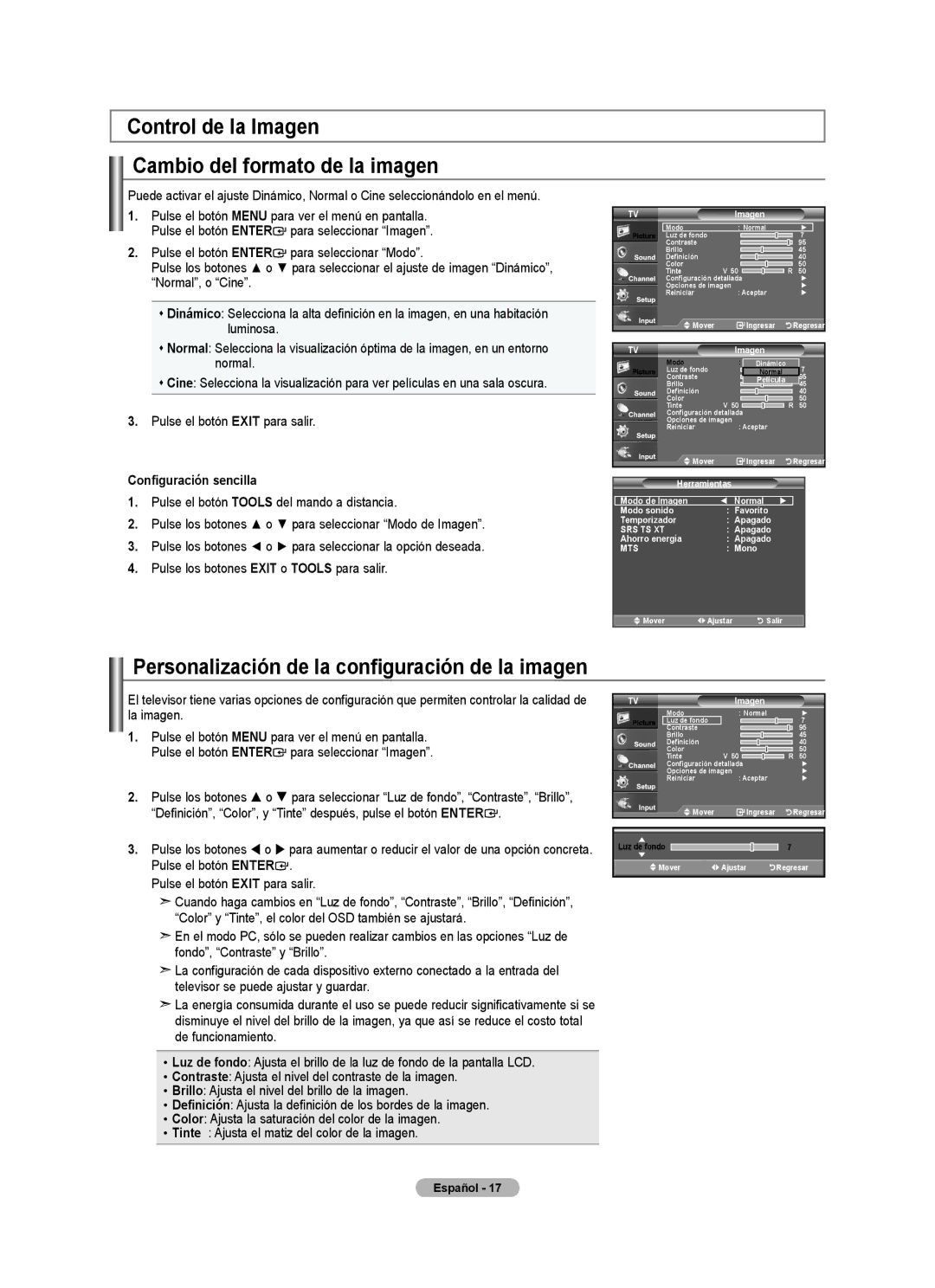 Samsung LNA0C Control de la Imagen Cambio del formato de la imagen, Personalización de la configuración de la imagen 