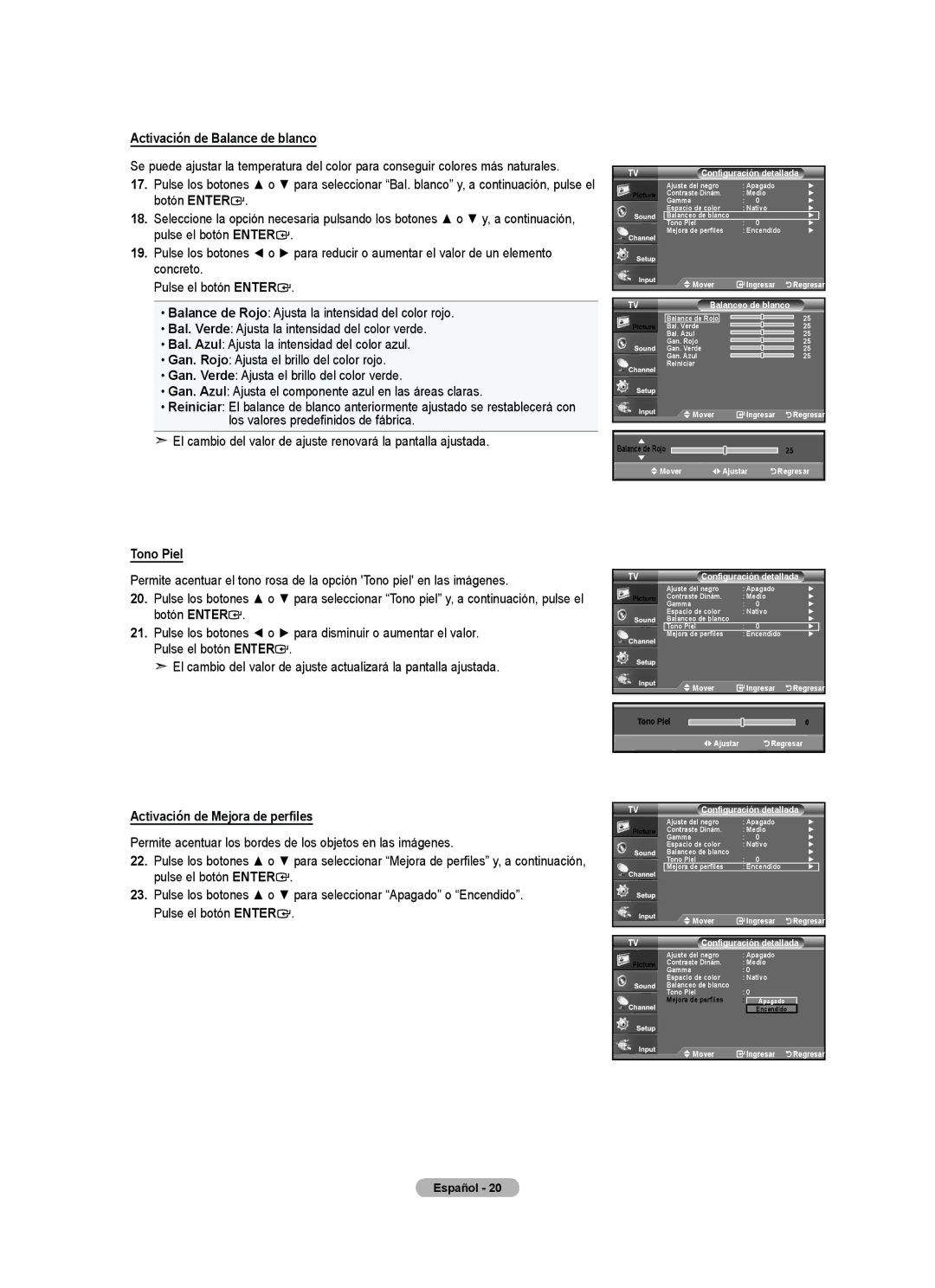 Samsung LNA0C, LN22A450C1, Series L4 user manual Activación de Balance de blanco, Tono Piel, Activación de Mejora de perfiles 