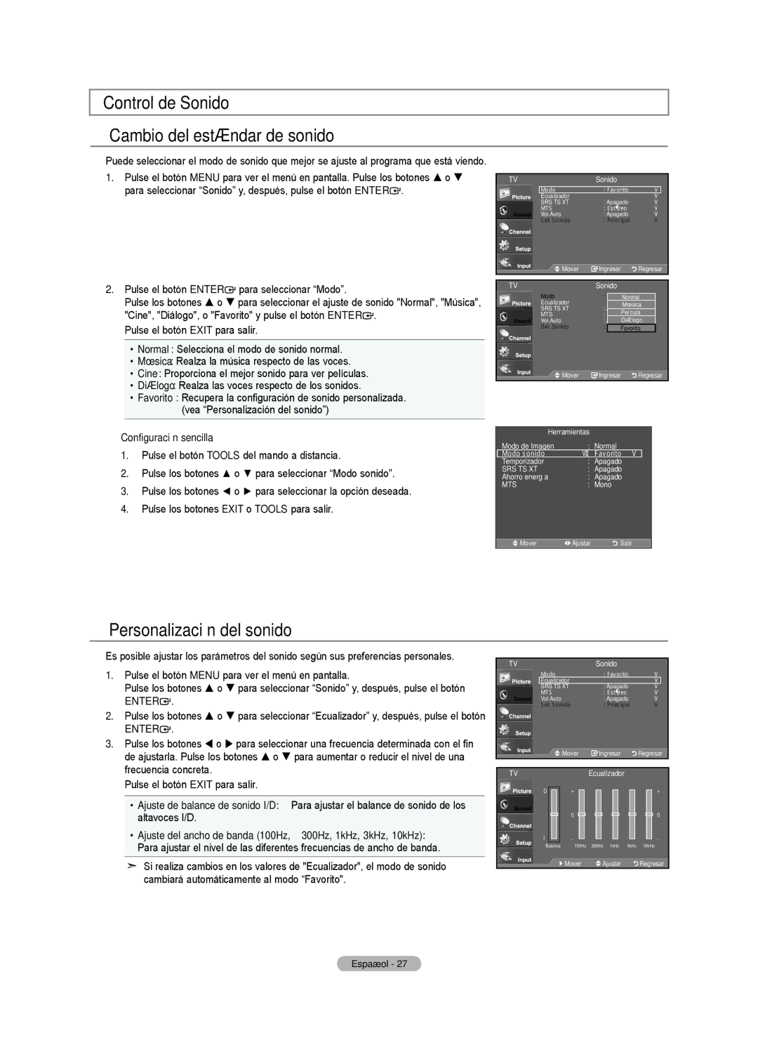 Samsung LN22A450C1, LNA0C Control de Sonido Cambio del estándar de sonido, Personalización del sonido, TVEcualizador 