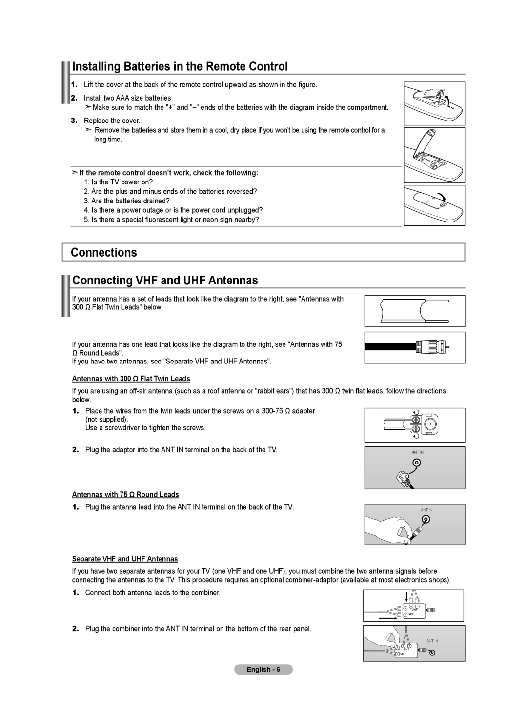 Samsung Series L4, LNA0C user manual Installing Batteries in the Remote Control, Connections Connecting VHF and UHF Antennas 