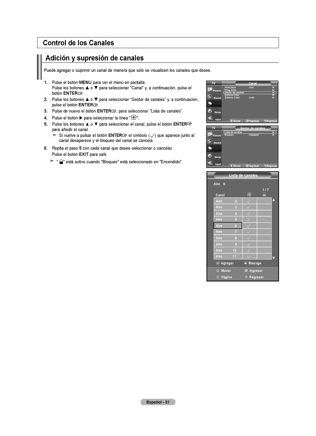 Samsung Series L4, LNA0C user manual Control de los Canales Adición y supresión de canales, Gestor de canales, Mover, Página 