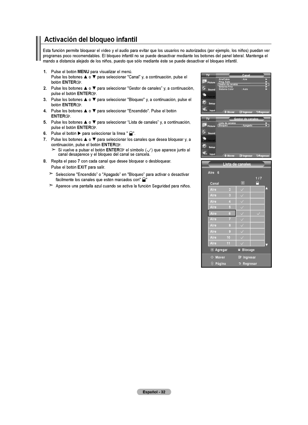 Samsung LNA0C, LN22A450C1, Series L4 user manual Activación del bloqueo infantil, Aire 