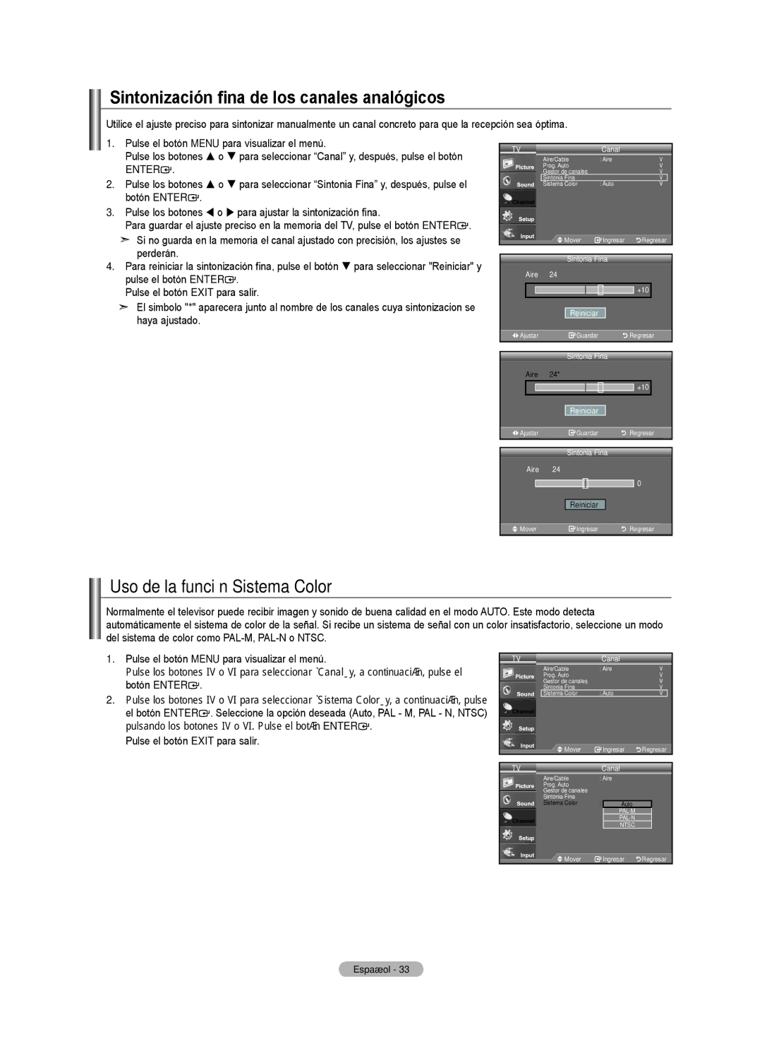Samsung LN22A450C1, LNA0C, Series L4 Sintonización fina de los canales analógicos, Uso de la función Sistema Color 