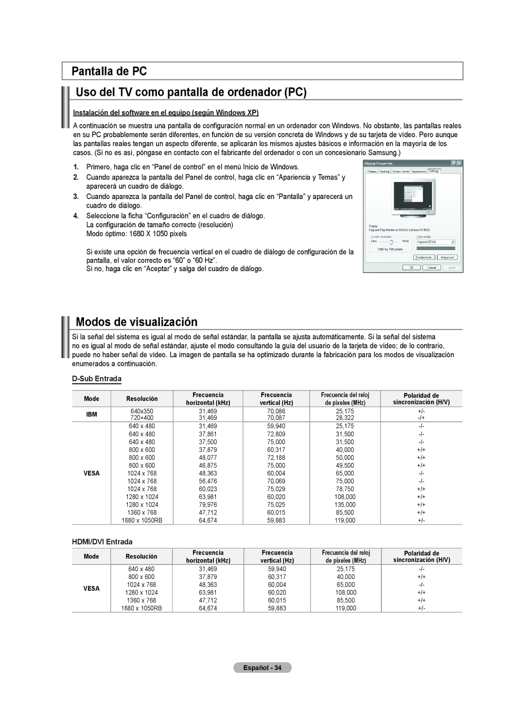 Samsung Series L4, LNA0C Pantalla de PC Uso del TV como pantalla de ordenador PC, Modos de visualización, Sub Entrada 