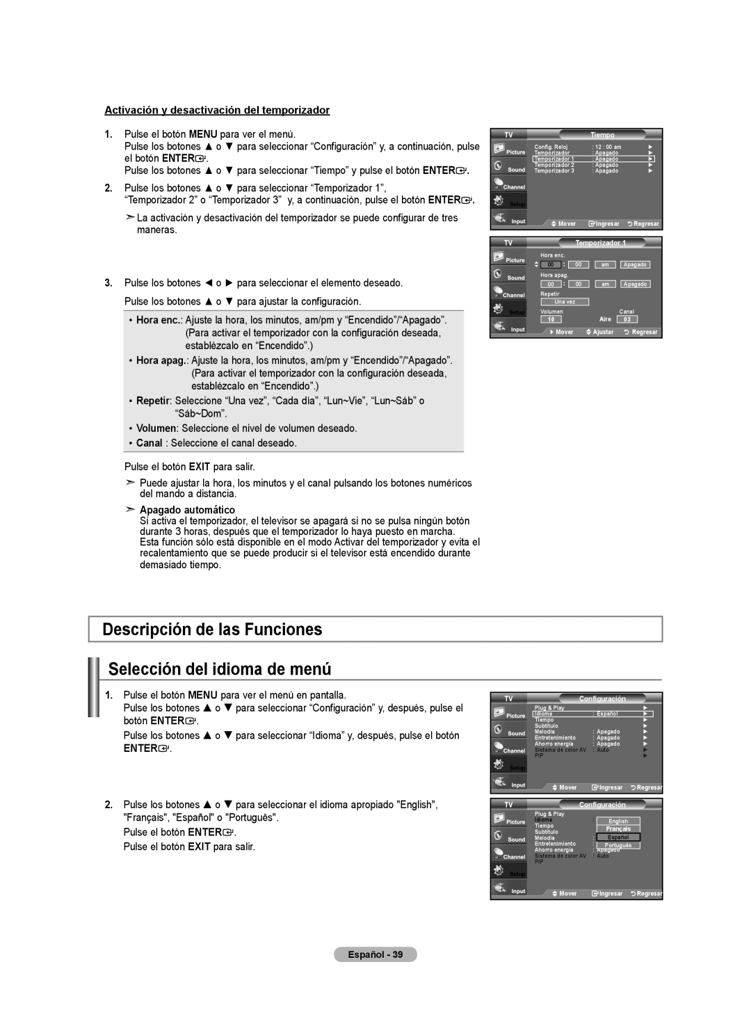 Samsung LN22A450C1 Descripción de las Funciones Selección del idioma de menú, Activación y desactivación del temporizador 