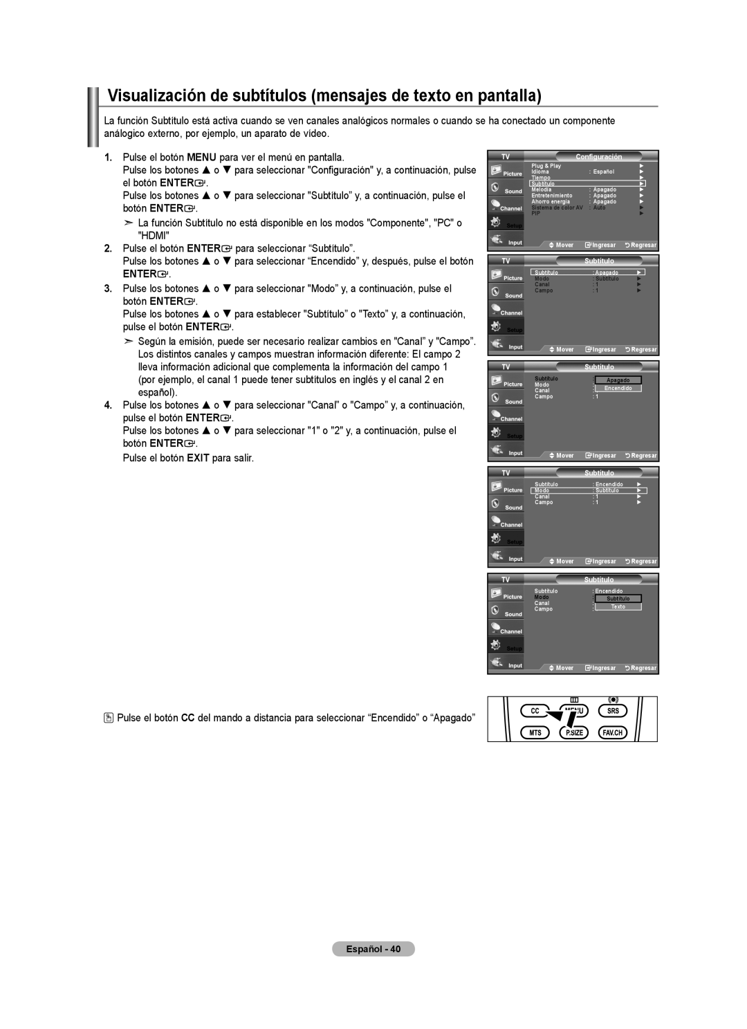 Samsung Series L4, LNA0C, LN22A450C1 Visualización de subtítulos mensajes de texto en pantalla, Configuración, Subtítulo 