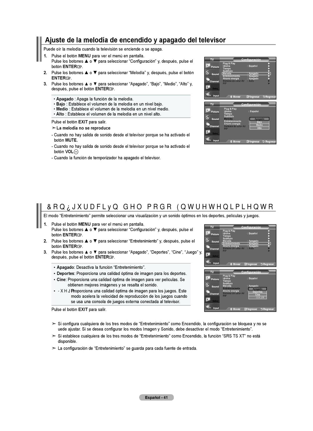 Samsung LNA0C, Series L4 Ajuste de la melodía de encendido y apagado del televisor, Configuración del modo Entretenimiento 