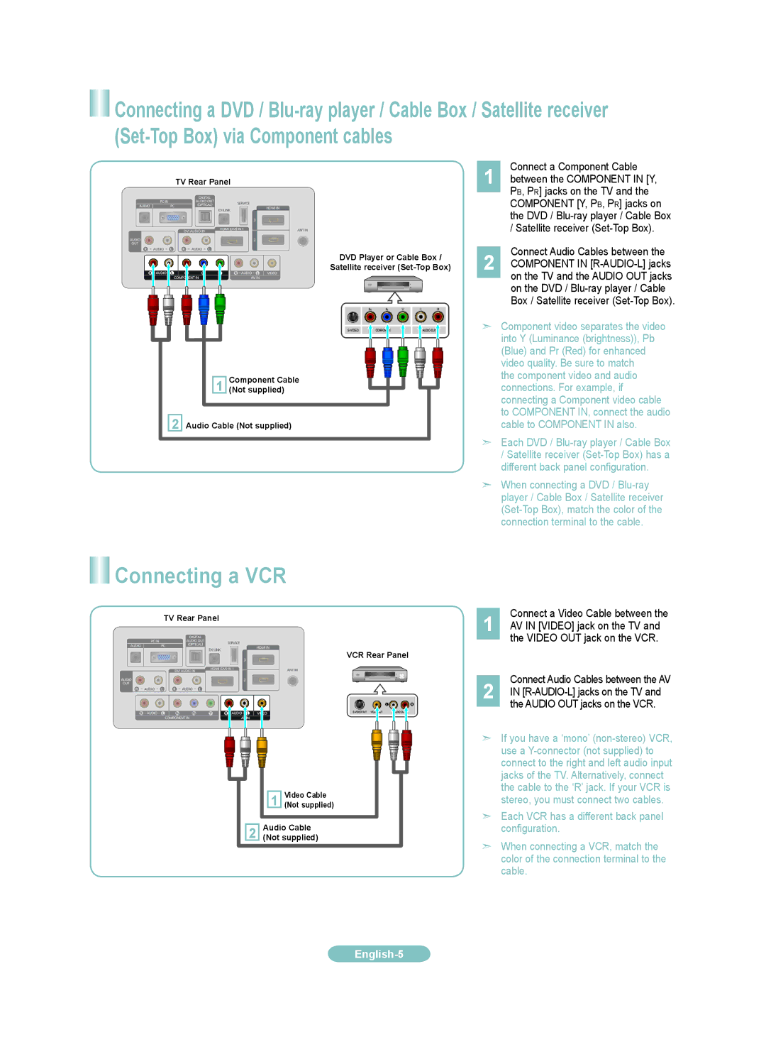 Samsung LN46B50 Connecting a VCR, Connect a Component Cable, Connect Audio Cables between, Connect a Video Cable between 