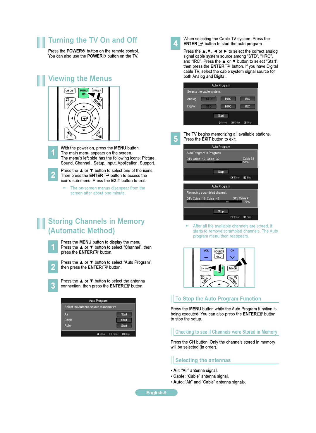 Samsung LNB50, LN40B50, LN46B50 Turning the TV On and Off, Viewing the Menus, Storing Channels in Memory Automatic Method 