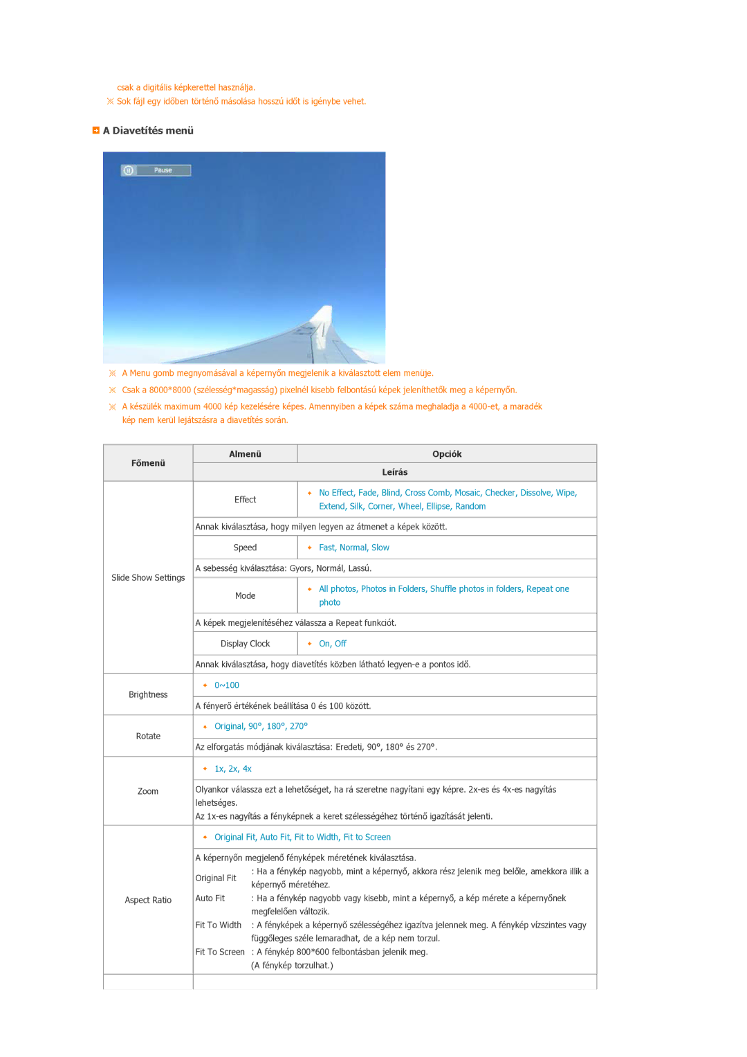 Samsung LP07MNLABTSEN manual Diavetítés menü, Főmenü Almenü Opciók 