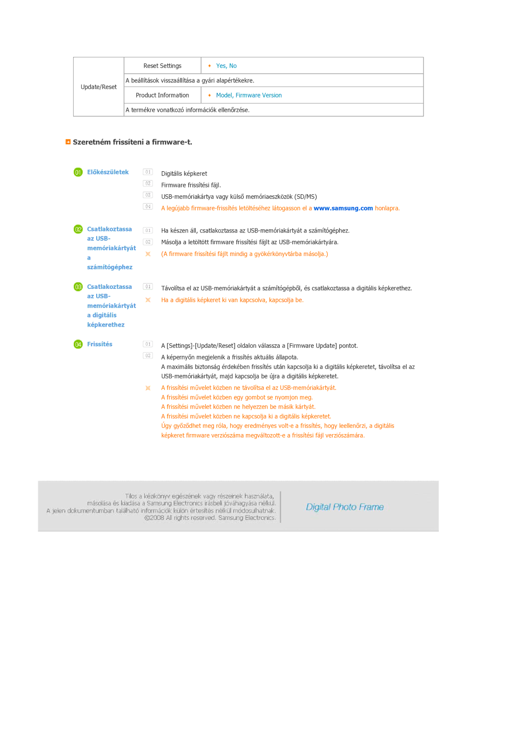 Samsung LP07MNLABTSEN manual Szeretném frissíteni a firmware-t, Csatlakoztassa 