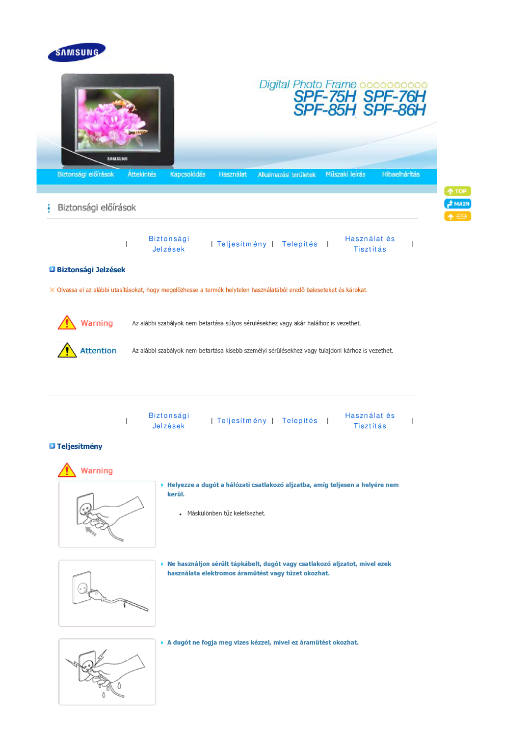 Samsung LP07MNLABTSEN manual Biztonsági Jelzések, Teljesítmény 