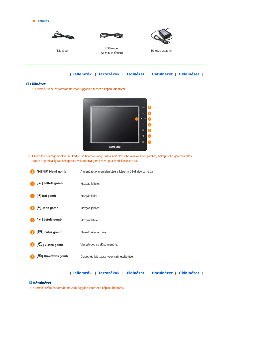 Samsung LP07MNLABTSEN manual Elölnézet, Hátulnézet 