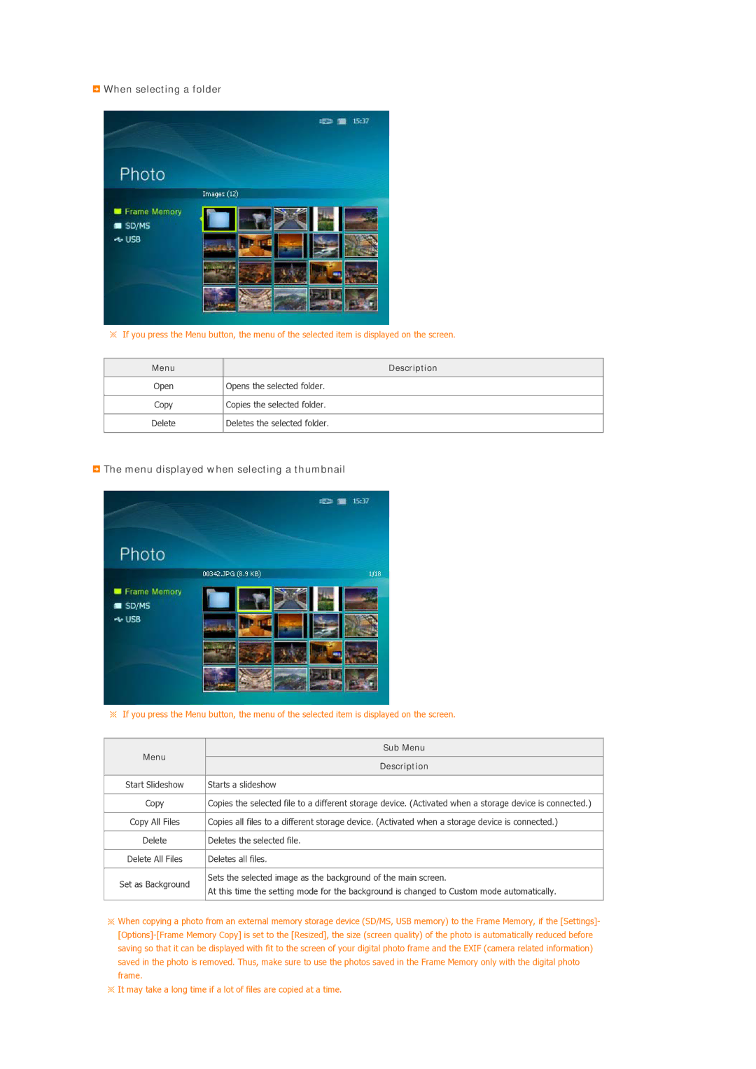 Samsung LP07MNLABTSEN manual When selecting a folder, Menu displayed when selecting a thumbnail, Menu Description 