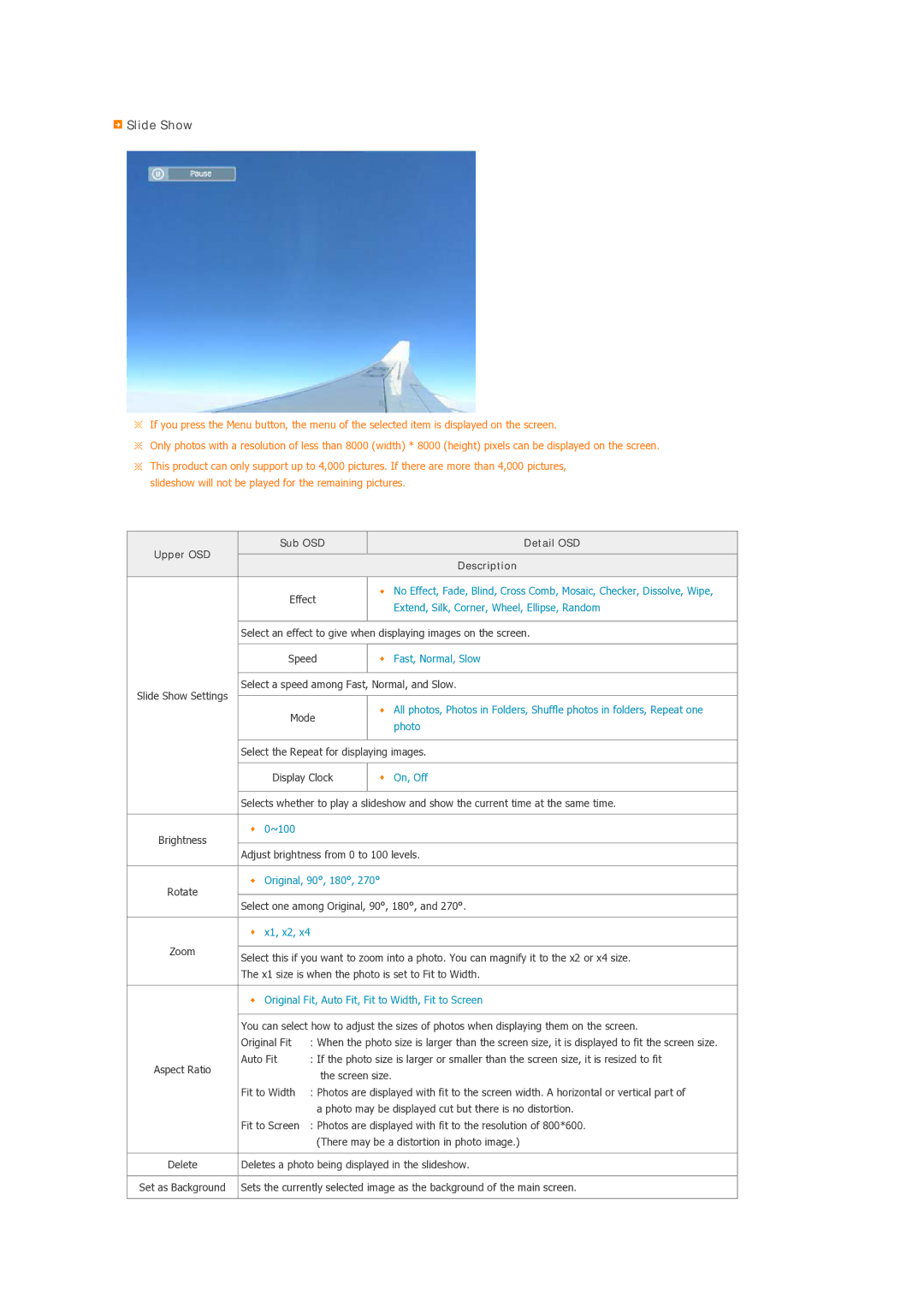 Samsung LP07MNLABTSEN manual Slide Show, Upper OSD Sub OSD Detail OSD 