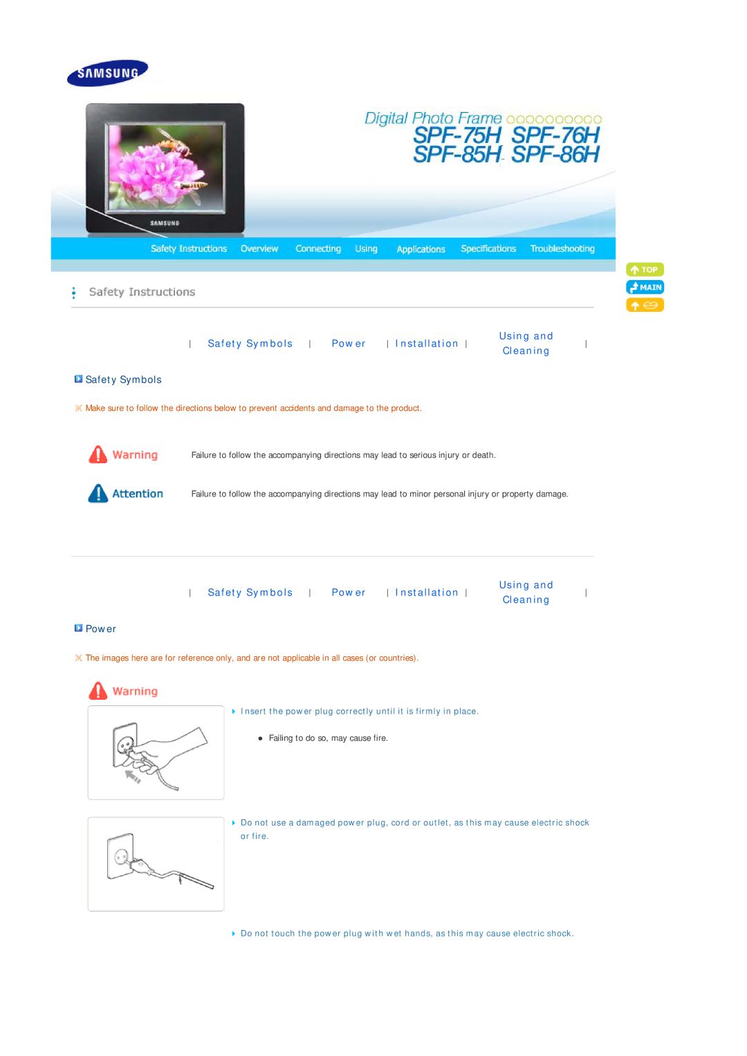 Samsung LP07MNLABTSEN manual Safety Symbols Power Installation Using Cleaning 