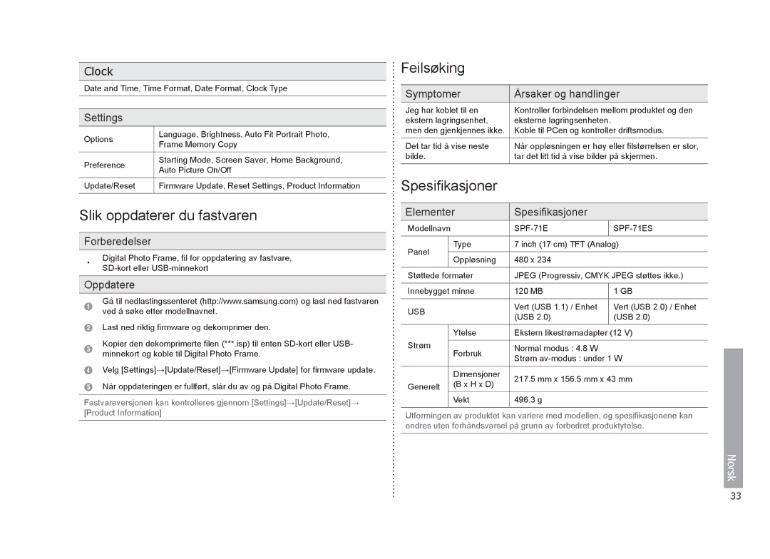 Samsung LP07TILSSTZEN, LP07TILESTZEN manual Slik oppdaterer du fastvaren, Feilsøking, Spesifikasjoner 