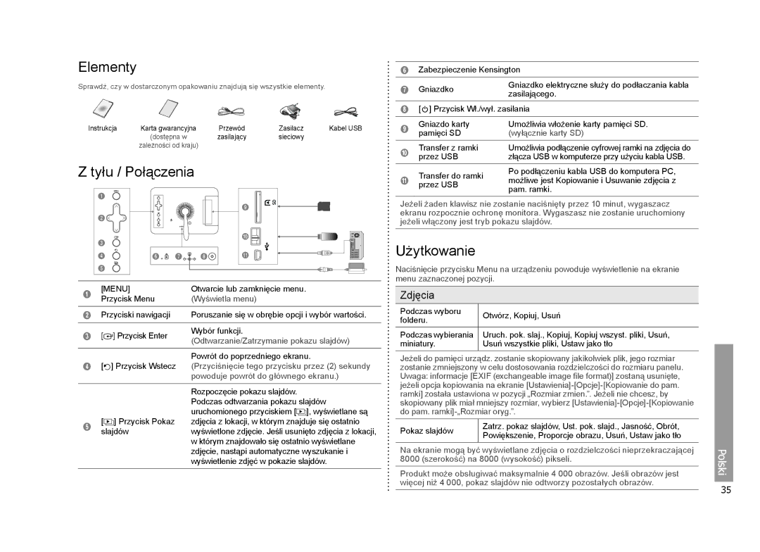 Samsung LP07TILSSTZEN, LP07TILESTZEN manual Elementy, Tyłu / Połączenia, Użytkowanie, Zdjęcia 