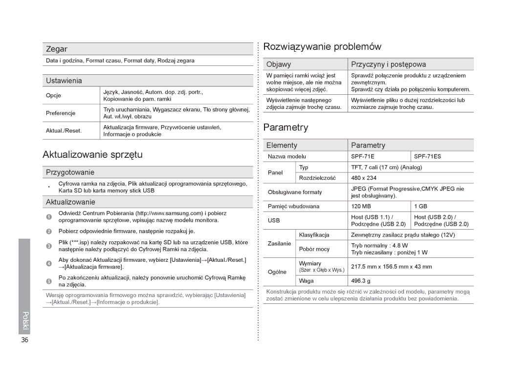 Samsung LP07TILESTZEN, LP07TILSSTZEN manual Aktualizowanie sprzętu, Rozwiązywanie problemów, Parametry, Zegar 