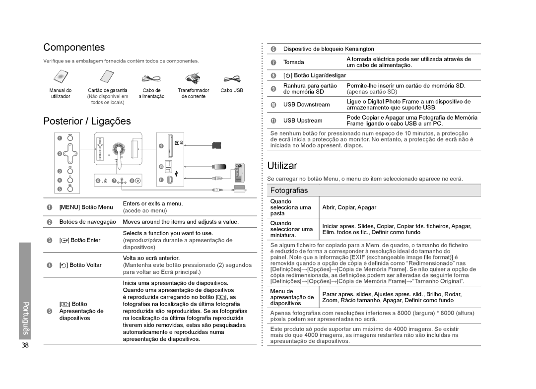 Samsung LP07TILESTZEN, LP07TILSSTZEN manual Componentes, Posterior / Ligações, Utilizar, Fotografias 