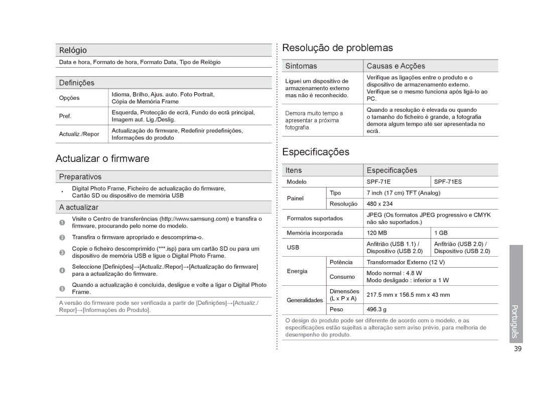 Samsung LP07TILSSTZEN, LP07TILESTZEN manual Actualizar o firmware, Resolução de problemas, Especificações, Relógio 