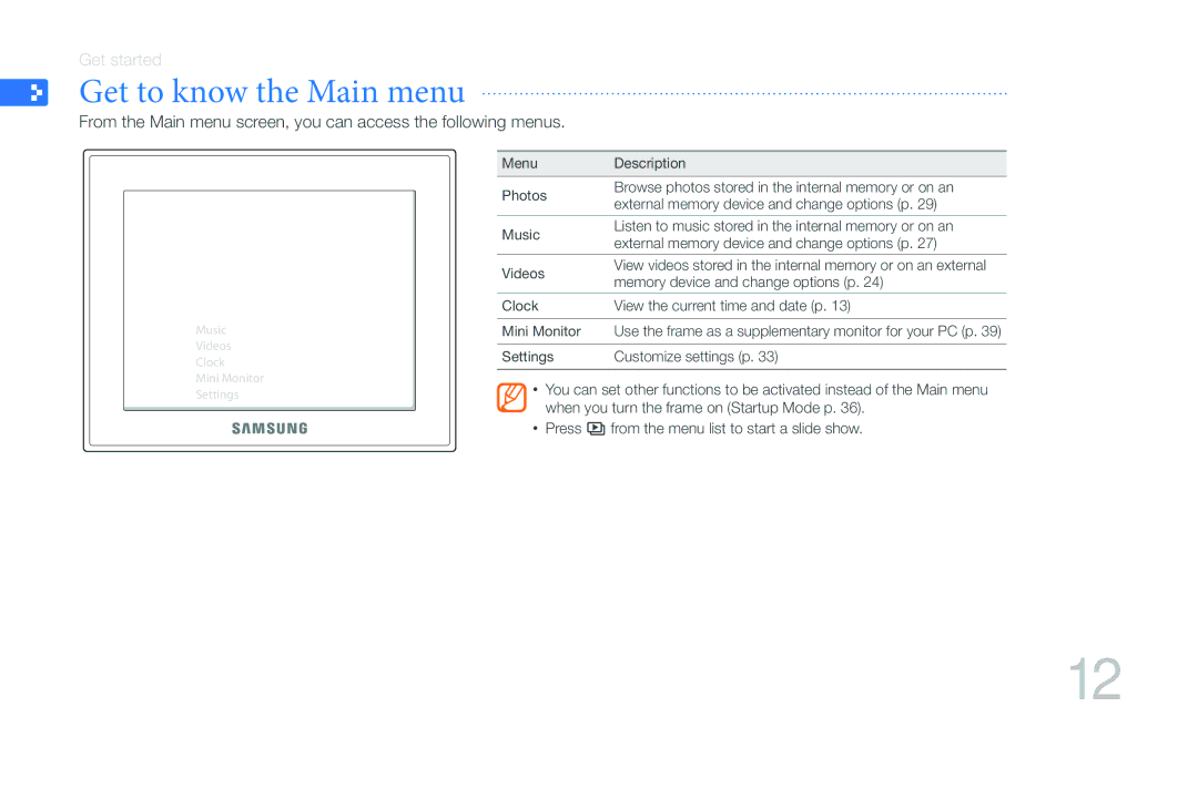 Samsung LP08WSLSB/ZA, LP10WSLSB/ZA, 1000W, 800W user manual Get to know the Main menu 