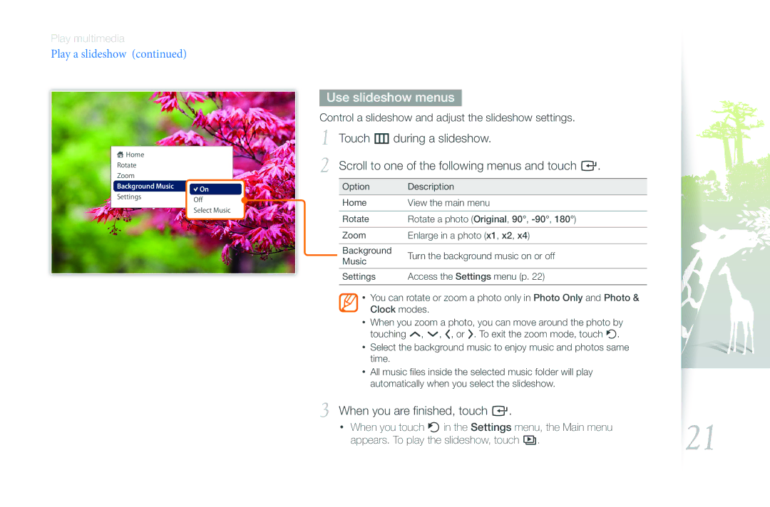 Samsung LP10WSLSB/ZA, LP08WSLSB/ZA, 1000W, 800W user manual Use slideshow menus, When you are finished, touch e 