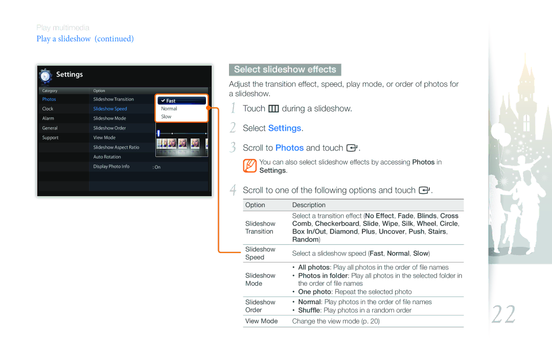 Samsung 1000W, LP08WSLSB/ZA, LP10WSLSB/ZA, 800W user manual Select slideshow effects, Settings 