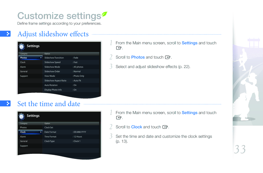 Samsung LP10WSLSB/ZA, LP08WSLSB/ZA, 1000W, 800W user manual Adjust slideshow effects, Set the time and date 