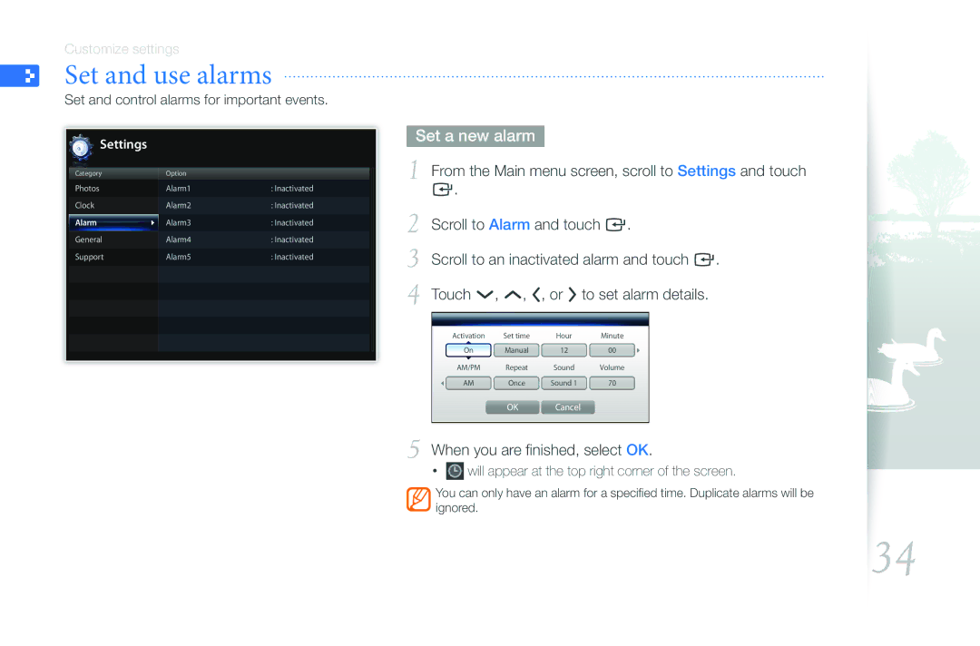 Samsung 1000W, LP08WSLSB/ZA, LP10WSLSB/ZA, 800W user manual Set and use alarms, Set a new alarm 