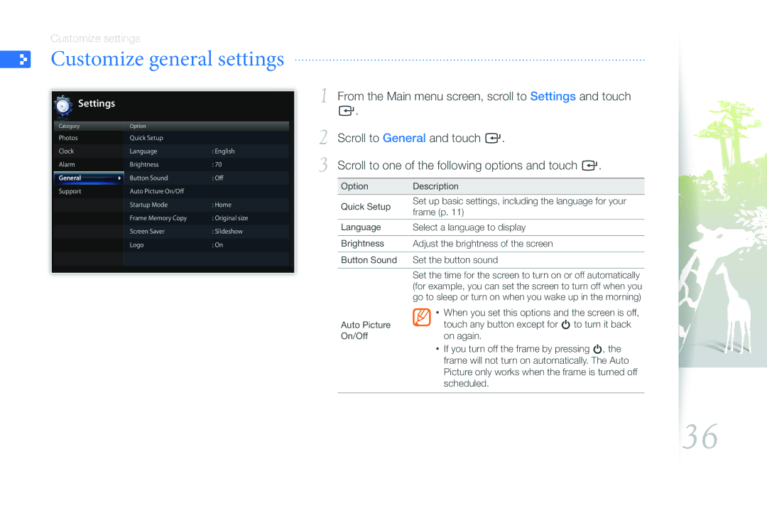 Samsung LP08WSLSB/ZA, LP10WSLSB/ZA, 1000W, 800W user manual Customize general settings, General 