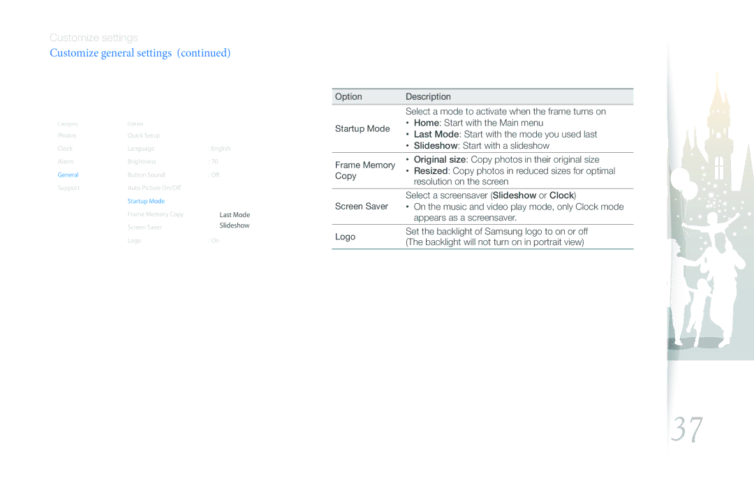 Samsung LP10WSLSB/ZA, LP08WSLSB/ZA, 1000W, 800W user manual Customize general settings 