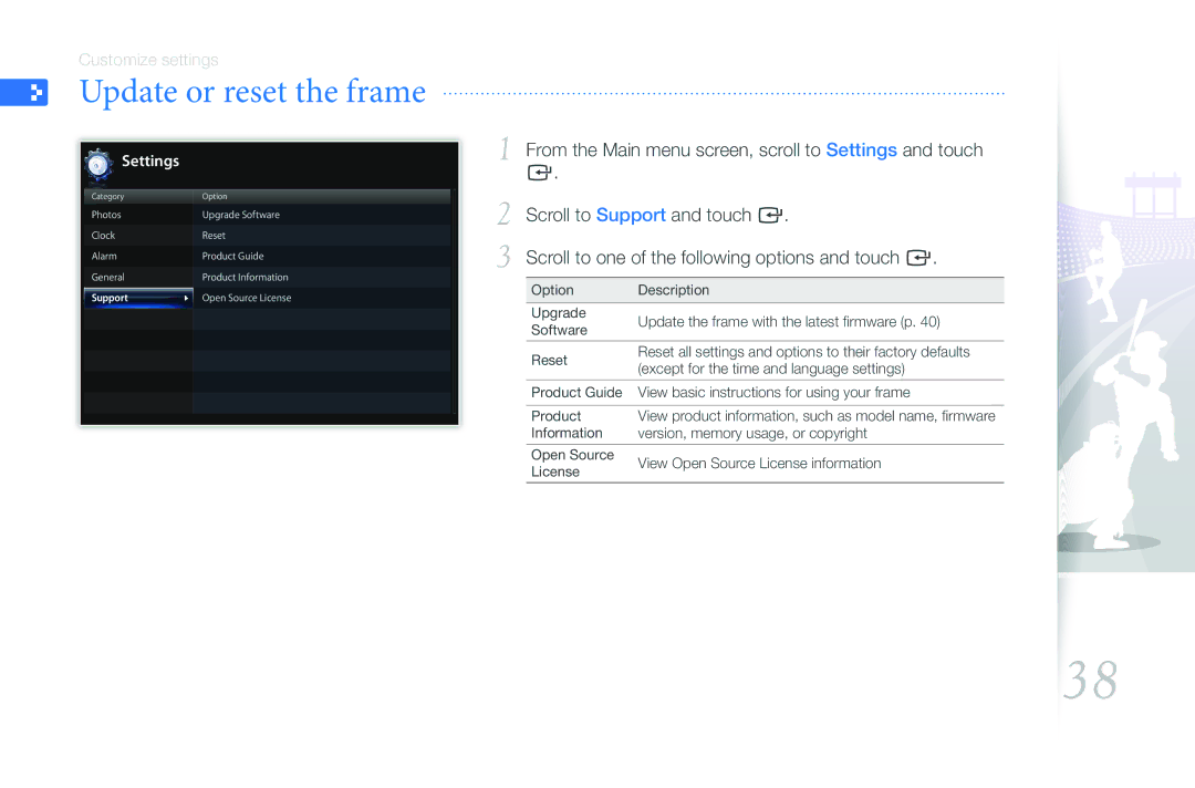 Samsung 1000W, LP08WSLSB/ZA, LP10WSLSB/ZA, 800W user manual Update or reset the frame 