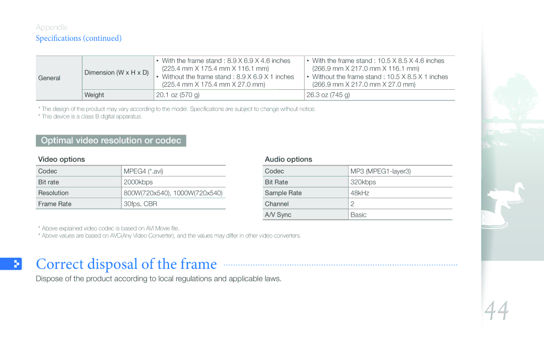 Samsung LP08WSLSB/ZA, LP10WSLSB/ZA, 1000W Correct disposal of the frame, Optimal video resolution or codec, Specifications 