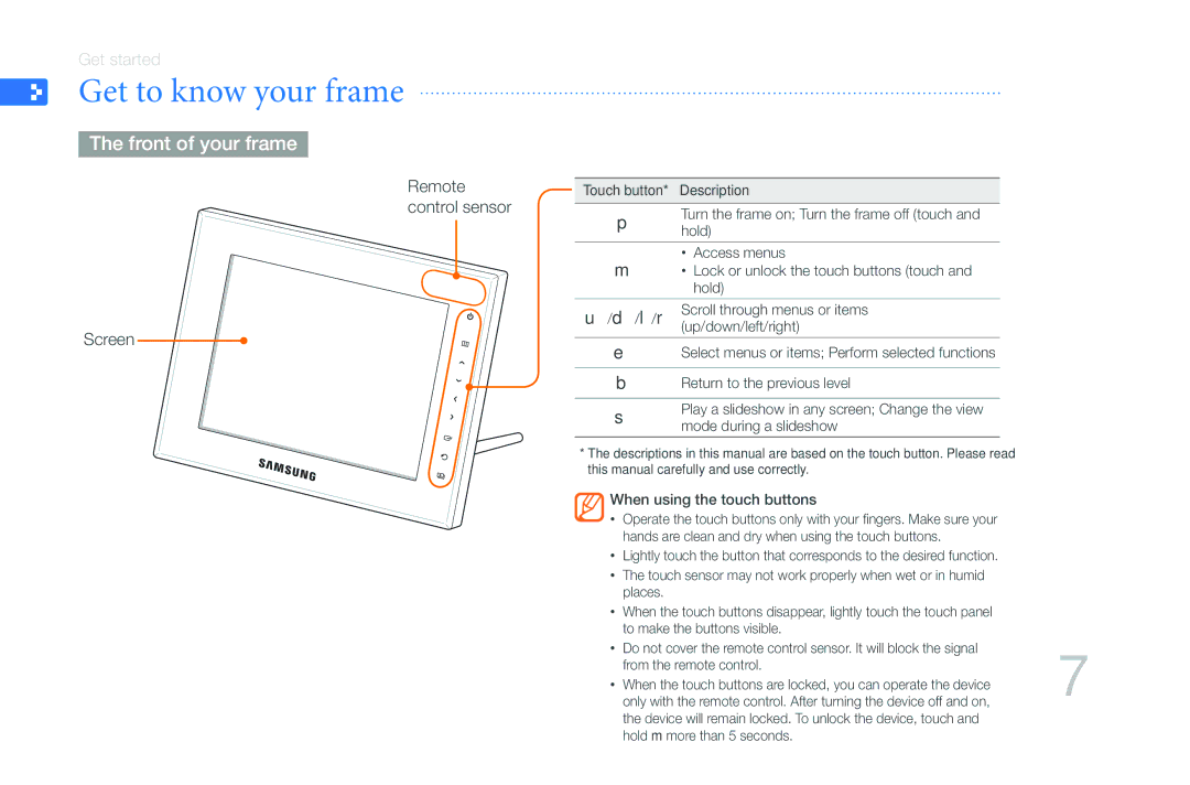 Samsung 800W, LP08WSLSB/ZA, LP10WSLSB/ZA, 1000W user manual Get to know your frame, Front of your frame 