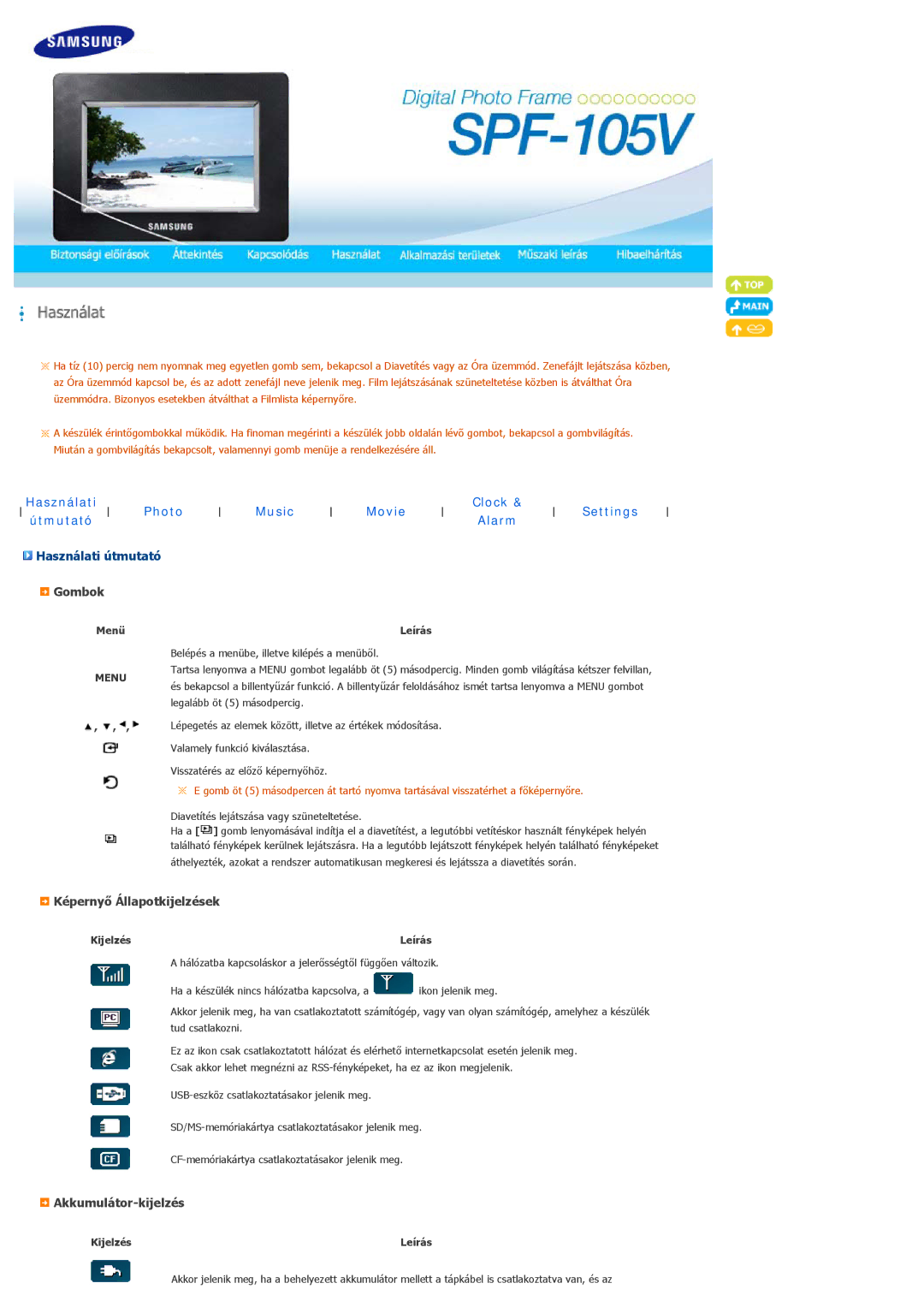 Samsung LP10CBQSBTZEN manual Használati Photo Music Movie Clock Settings Útmutató Alarm, Használati útmutató, Gombok 