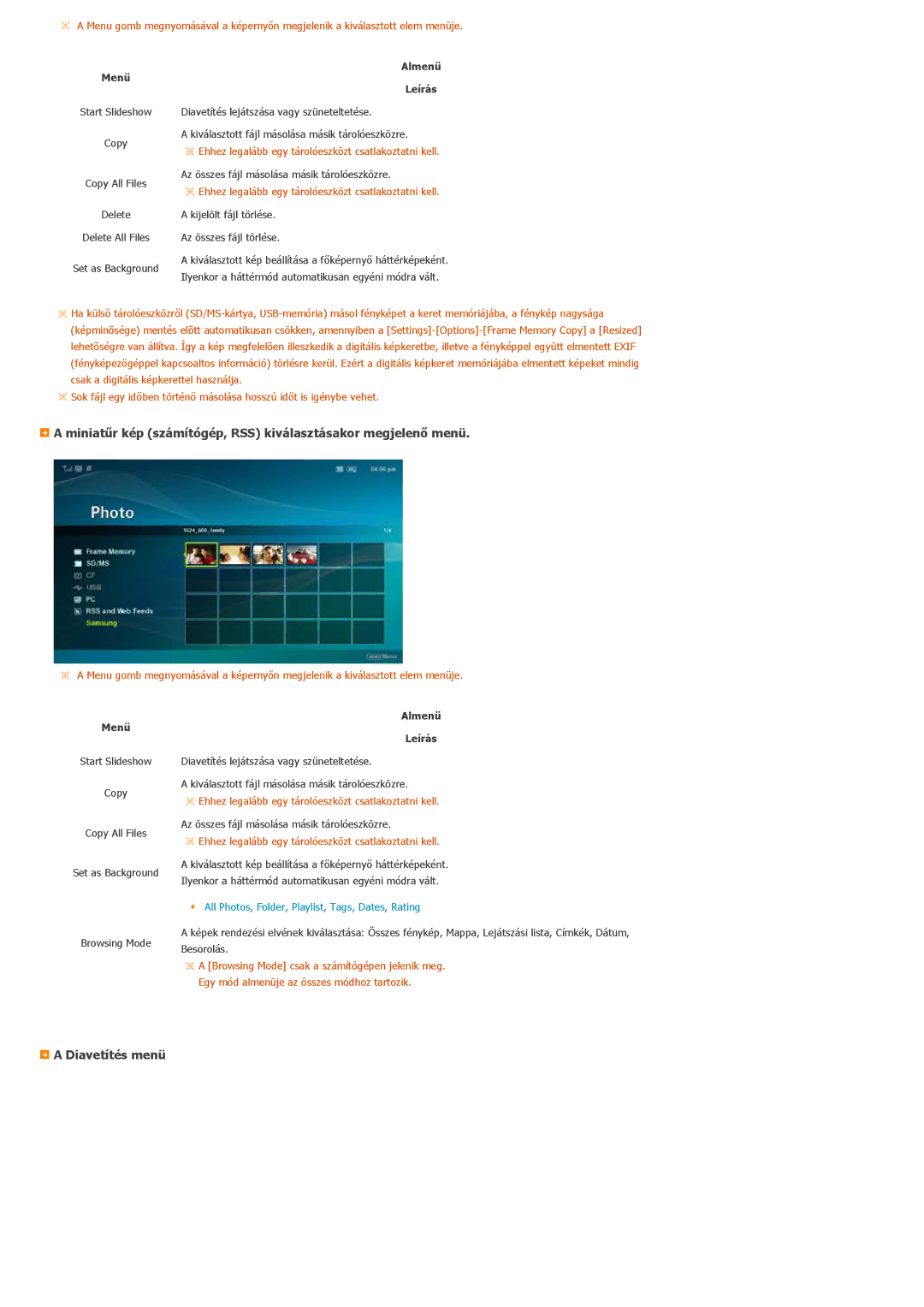 Samsung LP10CBQSBTZEN manual Miniatűr kép számítógép, RSS kiválasztásakor megjelenő menü, Diavetítés menü, Almenü Leírás 