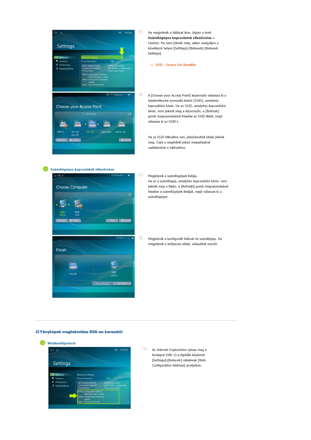Samsung LP10CBQSBTZEN Fényképek megtekintése RSS-en keresztül, Számítógépes kapcsolatok ellenőrzése c, Webkonfiguráció 