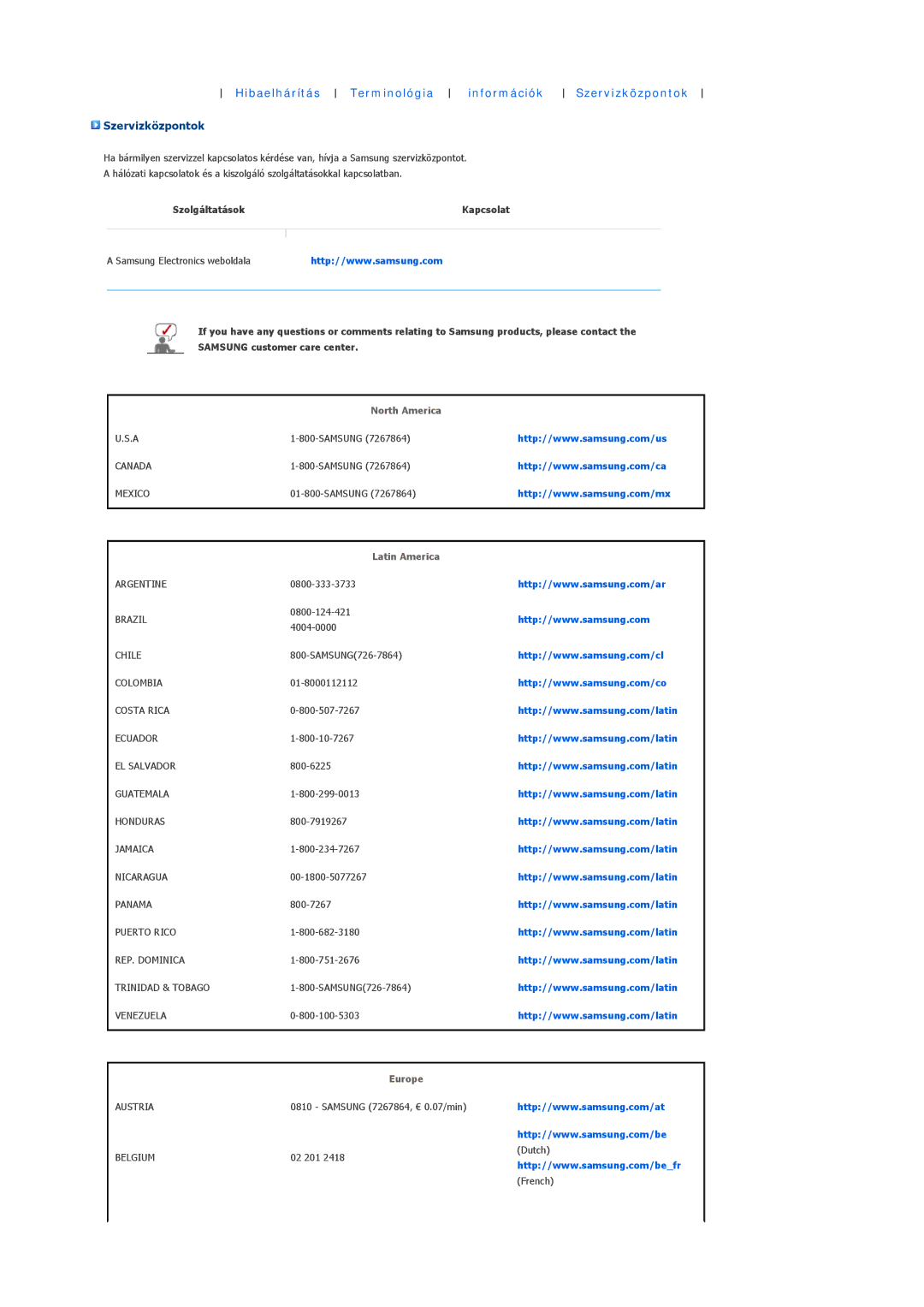 Samsung LP10CBQSBTZEN manual Hibaelhárítás Terminológia információk Szervizközpontok 