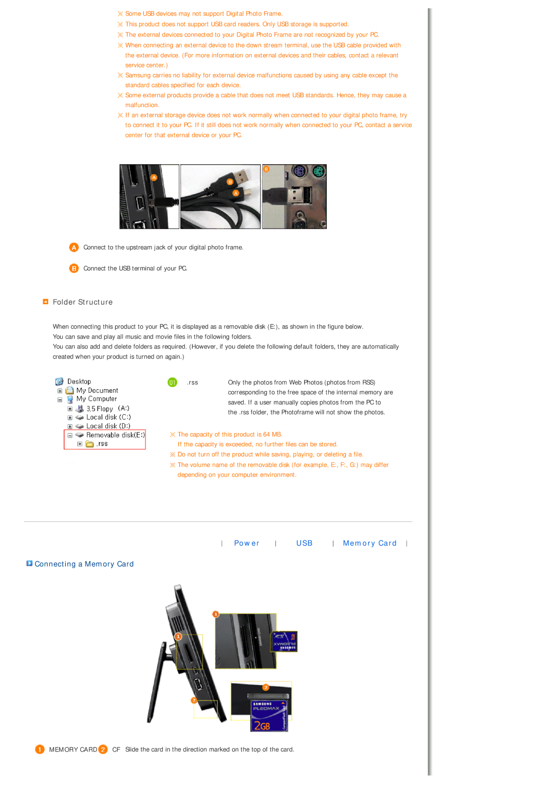 Samsung LP10CBQSBTZEN Folder Structure, Connecting a Memory Card, Rss, Only the photos from Web Photos photos from RSS 