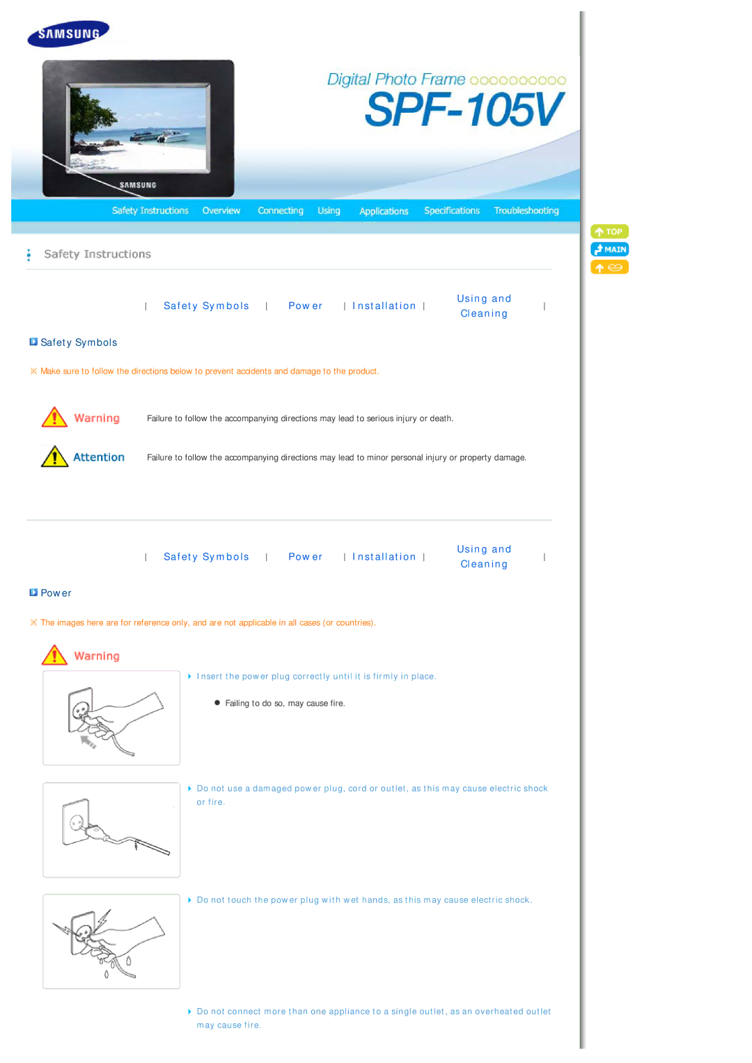 Samsung LP10CBQSBTZEN manual Safety Symbols Power Installation Using Cleaning, Failing to do so, may cause fire 