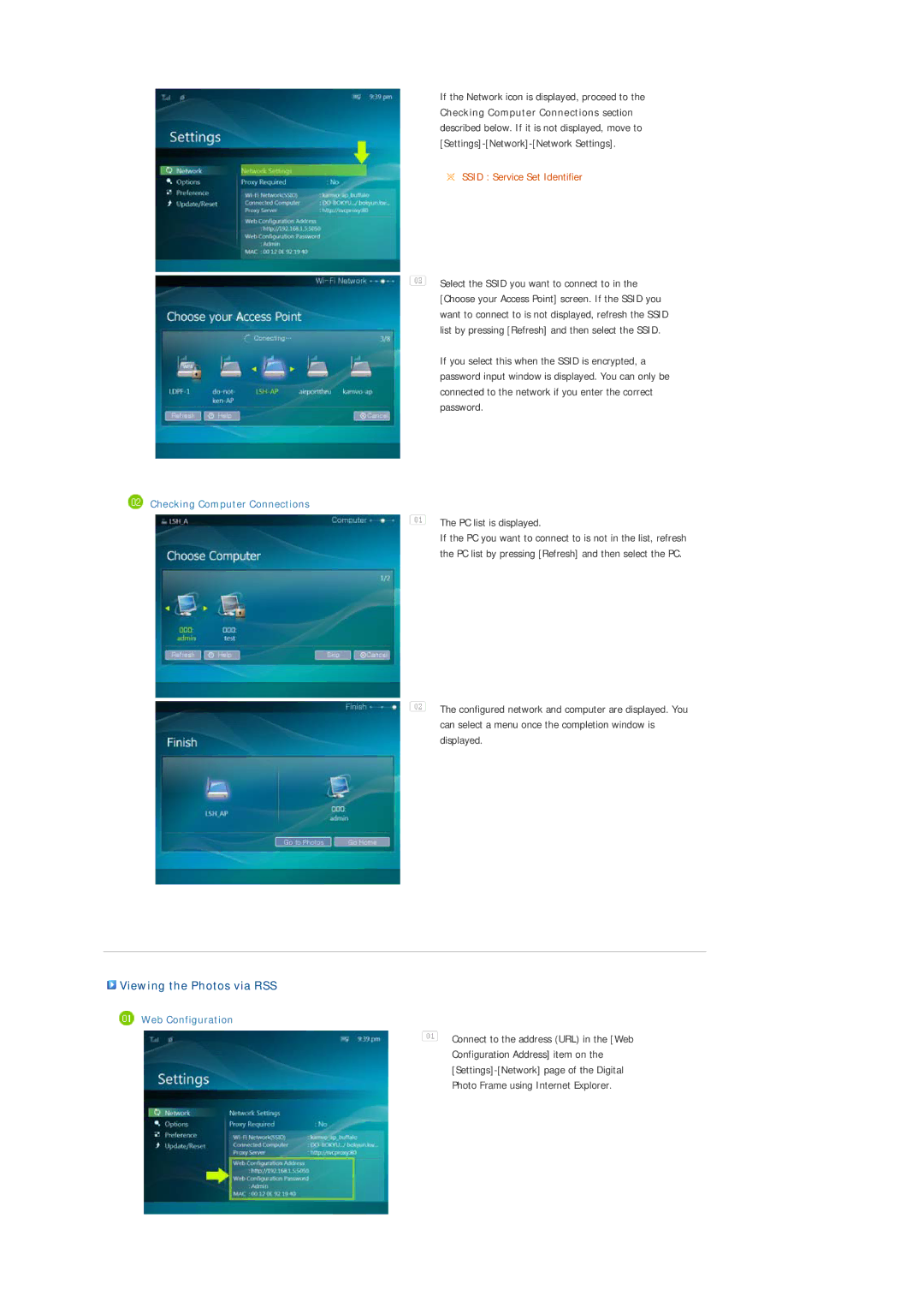Samsung LP10CBQSBTZEN manual Viewing the Photos via RSS, Checking Computer Connections, Web Configuration 